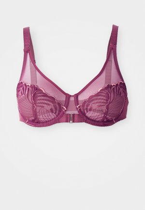 Sheer purple lace bra with underwire, adjustable straps, embroidered floral patterns, and a front metal clasp closure.