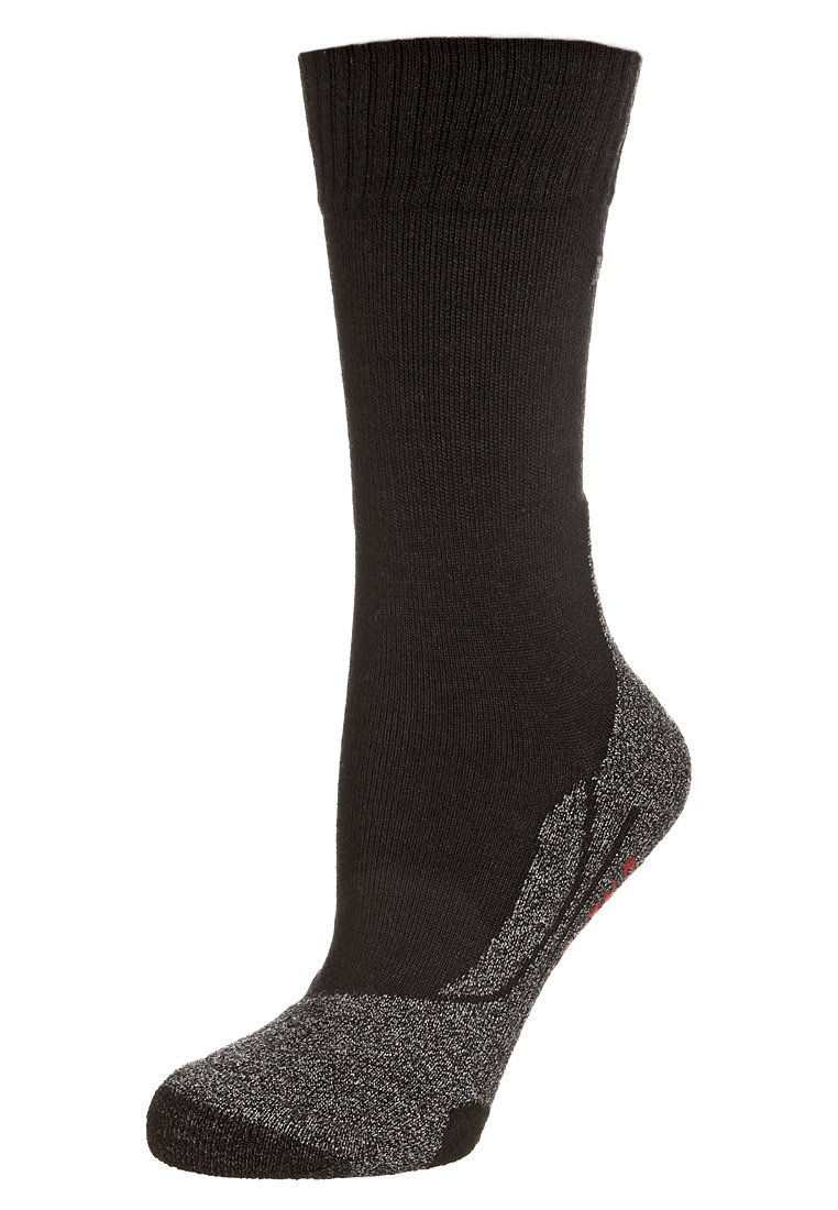 Chaussette noire avec un haut côtelé et une texture grise mouchetée au niveau du talon et des orteils. Longueur mi-mollet, fabriquée en tissu tricoté.