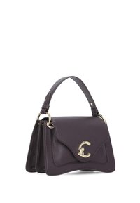 Borsa a tracolla in pelle viola con design strutturato, dotata di una pattina anteriore, hardware color oro e dettaglio della chiusura curva.