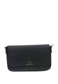 Borsa a tracolla nera in pelle con finitura testurizzata, design curvo e logo silver. Dotata di chiusura a pattina e tracolla rimovibile.