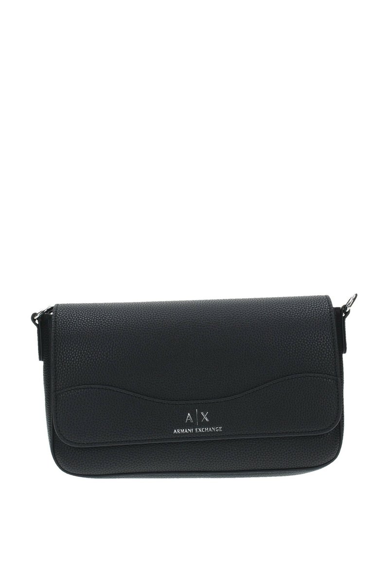 Borsa a tracolla nera in pelle con finitura testurizzata, design curvo e logo silver. Dotata di chiusura a pattina e tracolla rimovibile.