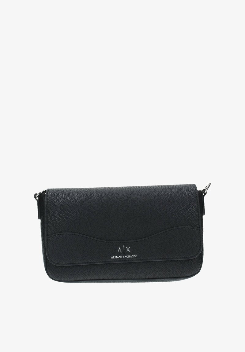 Borsa a tracolla nera in pelle con finitura testurizzata, design curvo e logo silver. Dotata di chiusura a pattina e tracolla rimovibile.