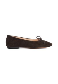 Brown suede ballet flat with a rounded toe, slender bow detail at the front, and a low black rubber heel. Smooth interior lining.