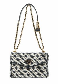 Kabelka Guess na rameno s prošívanou bílou tkaninou a námořnickým vzorem, zlatými detaily a řetízkem s koženou částí.