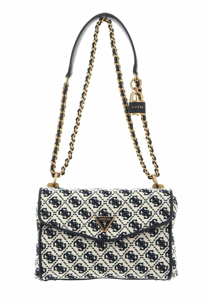 Kabelka Guess na rameno s prošívanou bílou tkaninou a námořnickým vzorem, zlatými detaily a řetízkem s koženou částí.