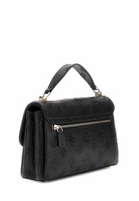Borsa a mano in pelle nera con motivo impresso, design strutturato, manico superiore singolo e tasca frontale con zip per accesso e organizzazione.