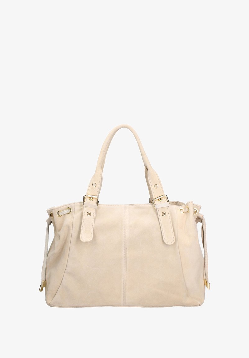 Borsa beige in suede con due manici corti, dettagli in metallo dorato e coulisse sui lati. Texture liscia con design minimalista.