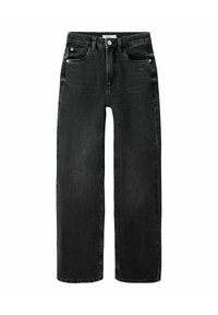 Melnas denim bikses ar augsto vidukli, taisnu kāju dizainu, piecu kabatu stilu un redzamu metāla pogu augšā.