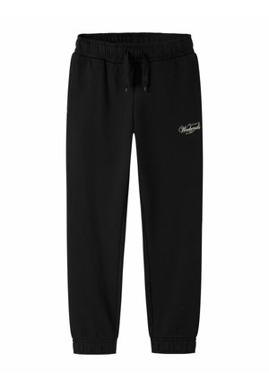Pantalon de survêtement noir avec taille et poignets élastiques, cordon de serrage et petit texte blanc "Weekends" sur le haut de la cuisse gauche.