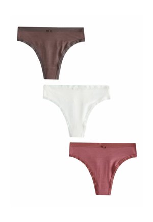 Kolme naiste bikiini-stiilis pesu pruunis, valges ja tuhks roosas, igaühel vööjoonel väike dekoratiivne pael.