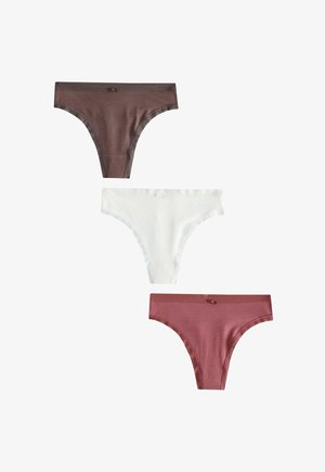 Trei lenjerii bikini pentru femei în maro, alb și roz prăfuit, fiecare cu o mică fundă decorativă în centrul taliei.