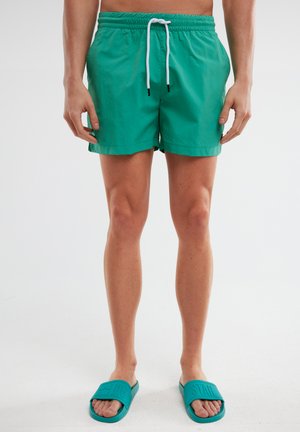 Shorts de bain verts avec une taille élastique et un cordon de serrage blanc. Portés avec des sandales à glisser teal assorties. Texture lisse, design à mi-cuisses.
