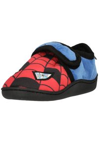 Chausson enfant avec motif toile d'araignée rouge et noir, côtés en peluche bleue, semelle noire et bride velcro, évoquant un design sur le thème de l'araignée.