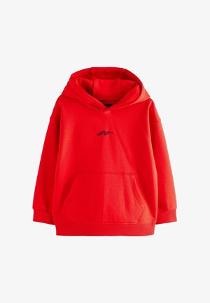 Sudadera con capucha de algodón rojo con un bolsillo frontal y un logo negro en el centro. Presenta un corte relajado y puños acanalados.