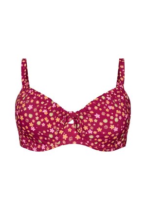 Rood bloemenbeha met kleine meerkleurige bloemen, beugels, verstelbare schouderbandjes en een klein strikje aan de voorkant met een uitsparing.