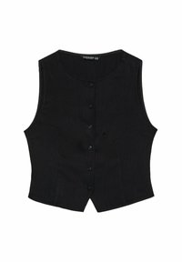 Czarna bezrękawnik z okrągłym dekoltem, z przodem na guziki, o strukturalnym kształcie i subtelnej fakturze. Indywidualne panele tworzą dopasowany krój.