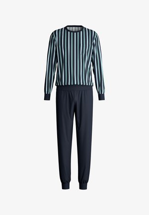 Donkerblauw pyjamashirt met lange mouwen en verticale lichtblauwe en witte strepen, bijpassende effen donkerblauwe broek met omslag aan de enkels.