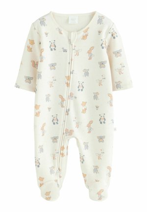 Cream-colored baby sleeper with zipper front, covered in small printed animals including koalas, bears, rabbits, pandas, ducks, and squirrels.