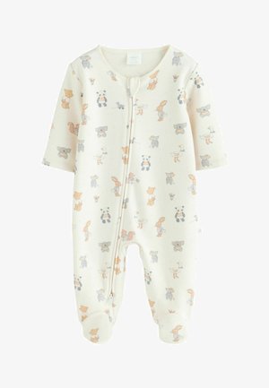 Babysoverall i cremefarve med lynlås foran, dækket med små printede dyr, herunder koalaer, bjørne, kaniner, pandaer, ænder og egern.