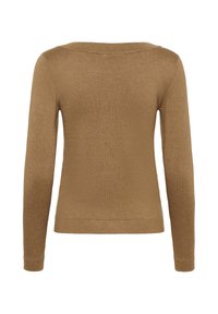 Maglione lungo marrone a maniche lunghe, texture a maglia morbida, design leggermente aderente, scollatura a barca, con orlo e polsini con costine classiche.