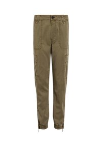Pantalon cargo pour homme de couleur vert olive avec poches plaquées à l'avant, poches latérales à rabat, fermeture par boutons et poignets élastiqués avec cordons de serrage.