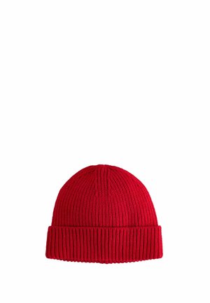 Red knitted beanie hat with a folded brim, shown against a white background.