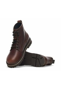 Bottes chelsea en cuir marron avec une surface lisse, un bout arrondi, un laçage à l'avant et une semelle robuste avec des crampons pour plus d'adhérence.