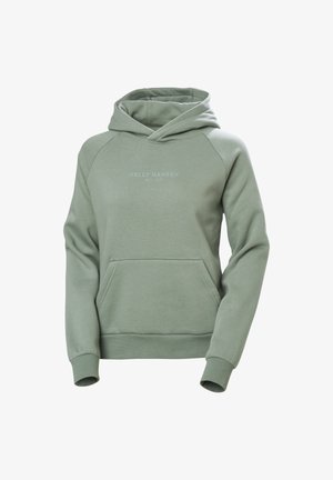 Sudadera verde hecha de una tela suave, con un bolsillo tipo canguro, capucha con cordón y el logo "Helly Hansen" en verde claro en el pecho.