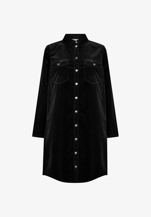 Svart manchesterskjortklänning med långa ärmar, knäppning framtill, två bröstfickor och spetsig krage. Slät textur och avslappnad passform.