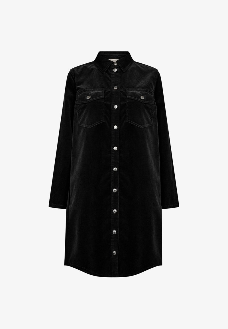 Svart manchesterskjortklänning med långa ärmar, knäppning framtill, två bröstfickor och spetsig krage. Slät textur och avslappnad passform.