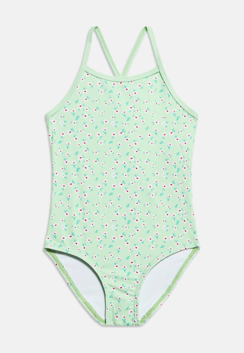 Svetlo zelena enodelna kopalna obleka z majhnim belim in rdečim cvetličnim vzorcem ter tankimi prekrižanimi ramenskimi traki.