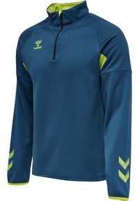 Felpa azzurra a zip con collo a 1/4 realizzata in tessuto testurizzato. Presenta dettagli in neon giallo sul collo e sulle maniche, con un logo e un motivo a chevron.