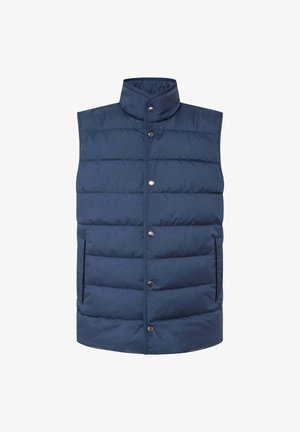 Granatowy bezrękawnik pikowany z zapięciem na napy i wysokim kołnierzem, posiadający dwie boczne kieszenie.