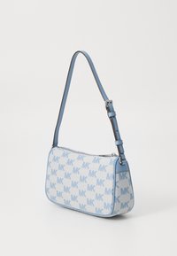 Light blue synthetic handbag with a zip closure, accented by a brown adjustable strap, featuring a repeating MK logo pattern.