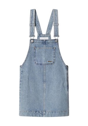 Robe salopette en denim bleu clair avec bretelles ajustables, poche poitrine avant et boutons métalliques sur les bretelles.