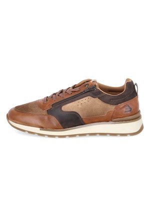 Brązowy, wielotonowy sneaker męski ze skóry i zamszu z sznurowanym przodem, bocznym zamkiem błyskawicznym, perforowanymi detalami i beżową gumową podeszwą.