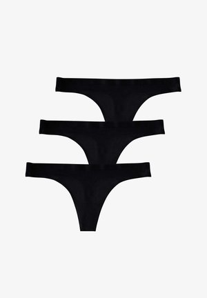 Schwarzes Thong-Unterwäscheset aus drei Teilen, mit glatter Oberfläche, minimalistischem Design und elastischen Taillenbünden, in einer gestapelten Anordnung präsentiert.