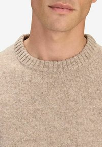 Beige ulltröja med ribbad rund halsringning. Mjuk textur och minimalt mönster, som visar upp en blandning av naturliga fibrer.