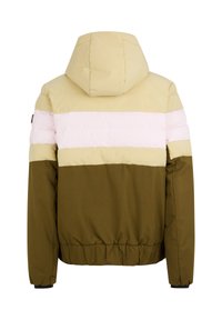 Padded jacket with a hood, featuring color-blocked design in pale yellow, light pink, and olive green. Elasticated cuffs and hem.