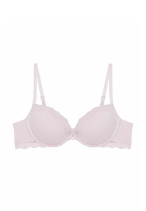 Lichtroze padded bh met kantafwerking, verstelbare bandjes en onderdraadsteun op een witte achtergrond.