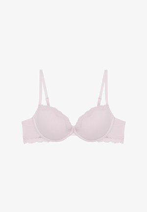 Sutien dintr-un material moale, roz pal, cu dantelă la margine, bretele ajustabile și suport cu arcuri, pe un fundal alb.