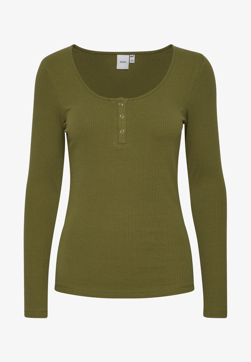 Langärmliges, olivgrünes, geripptes Oberteil mit Rundhalsausschnitt und einer Knopfleiste mit drei Knöpfen. Weiche Textur, slim fit und gesäumte Manschetten.
