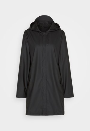 Black raincoat with hood, featuring a sleek design, smooth texture, front snap closure, and side pockets with elastic drawstrings.