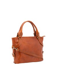Sac fourre-tout en cuir marron avec des poignées doubles, une bandoulière ajustable, des garnitures polies et une texture lisse. Présente une fermeture éclair.