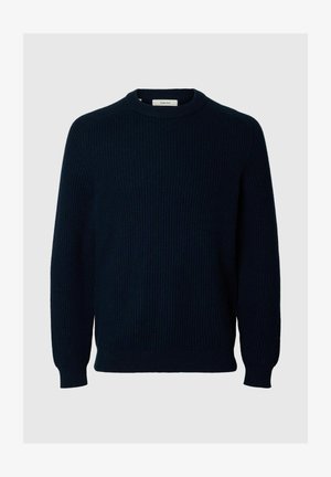 Mørkeblå strikket sweater med ribbet tekstur, runde halsudskæring og lange ærmer. Har et enkelt, ensfarvet design uden yderligere mønstre.