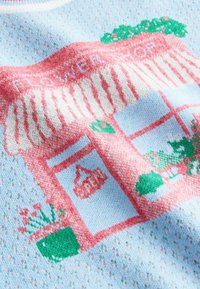 Motif tricoté d'une devanture de fleuriste rose avec un auvent rayé rouge et blanc et des plantes en pot vertes sur fond bleu clair.