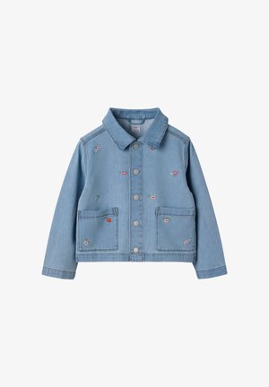 Lichtblauwe spijkerjack met geborduurde bloemmotieven, drukknopen, twee zakken aan de voorkant en een kraag.