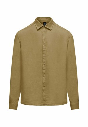 Heren overhemd met lange mouwen en knopen, gemaakt van lichtbruin linnen stof, met een puntige kraag en knoopmanchetten, weergegeven op een witte achtergrond.