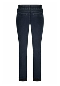 Donkerblauwe denim jeans met een taps toelopend ontwerp. Bevat een elastische tailleband en twee achterzakken. De stof heeft een gladde textuur.