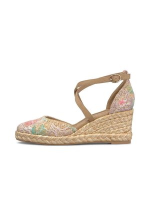 Scarpa espadrille con zeppa con tomaia in tessuto floreale, suola intrecciata in juta e cinturini incrociati color cuoio con fibbia intorno alla caviglia.